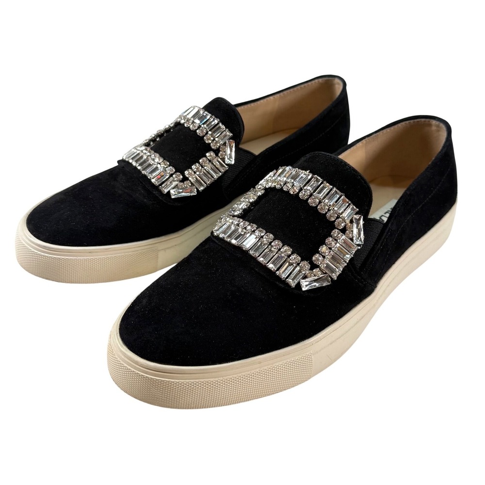 Karl Lagerfeld Black Suede Slip-On Sneakers with Crystal Buckle